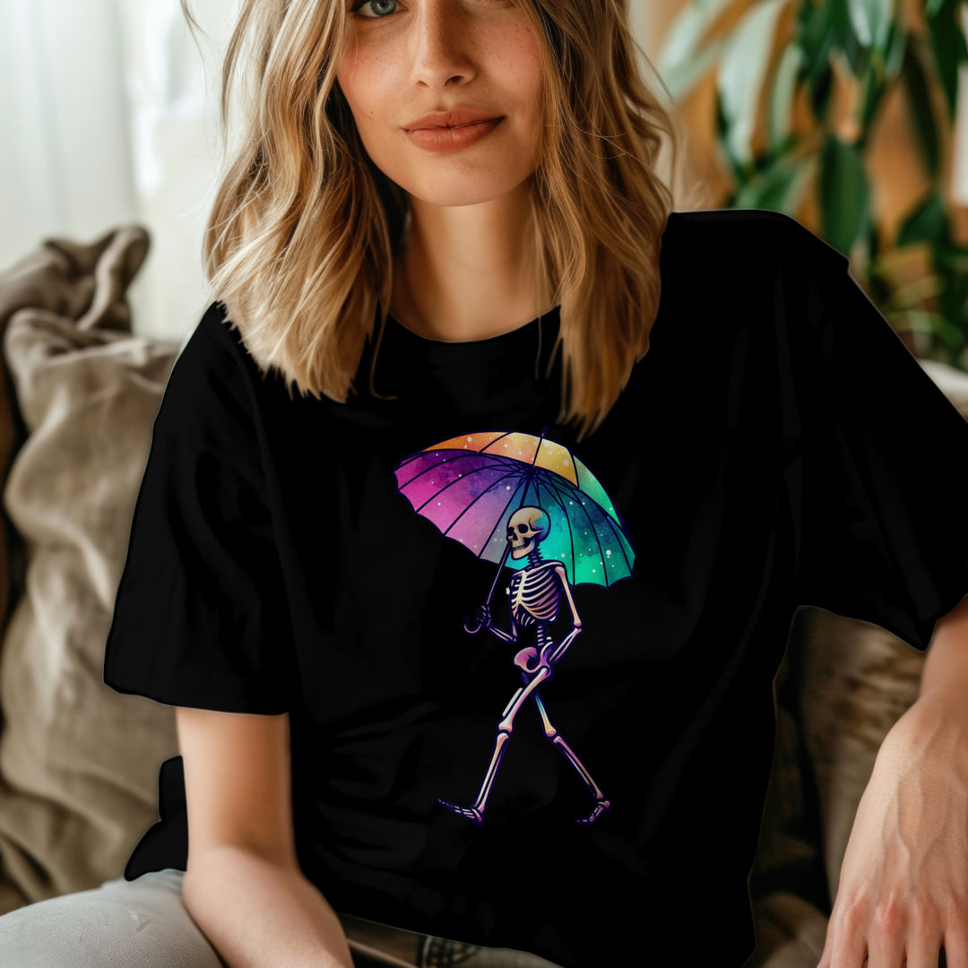 Skeleton Holding Rainbow Umbrella Graphic Tee