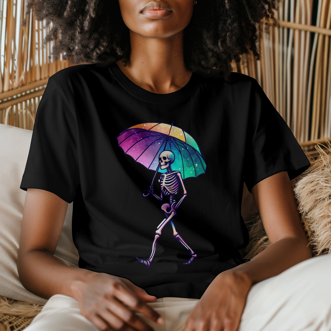 Skeleton Holding Rainbow Umbrella Graphic Tee