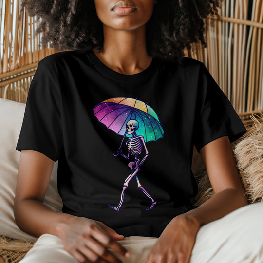 Skeleton Holding Rainbow Umbrella Graphic Tee