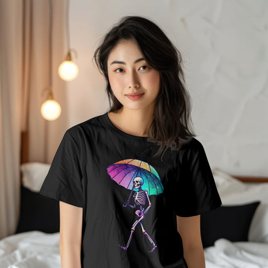 Skeleton Holding Rainbow Umbrella Graphic Tee