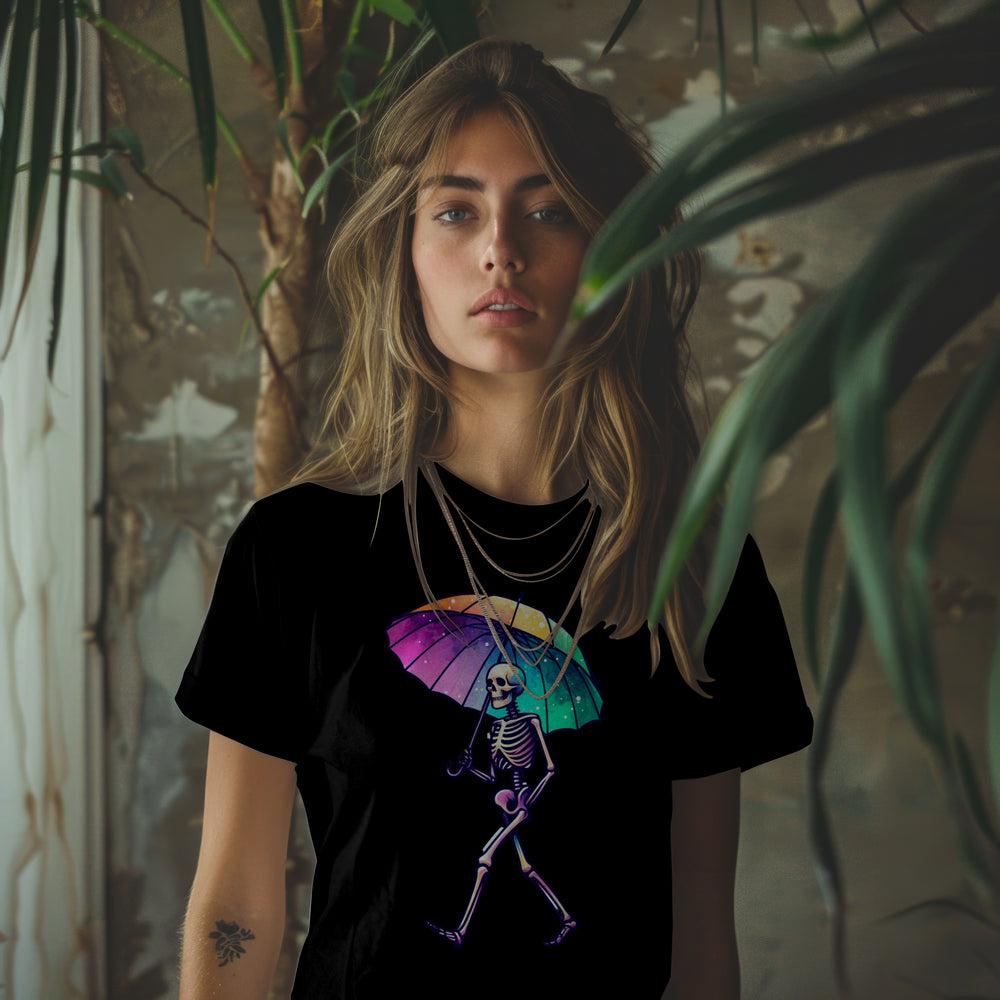 Skeleton Holding Rainbow Umbrella Graphic Tee