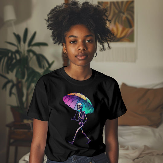 Skeleton Holding Rainbow Umbrella Graphic Tee